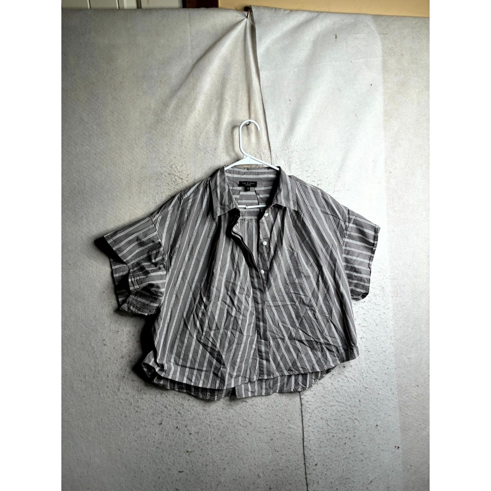 Rag & Bone Shirt Womens Large Gray White Striped Cotton Short Sleeve Button Up